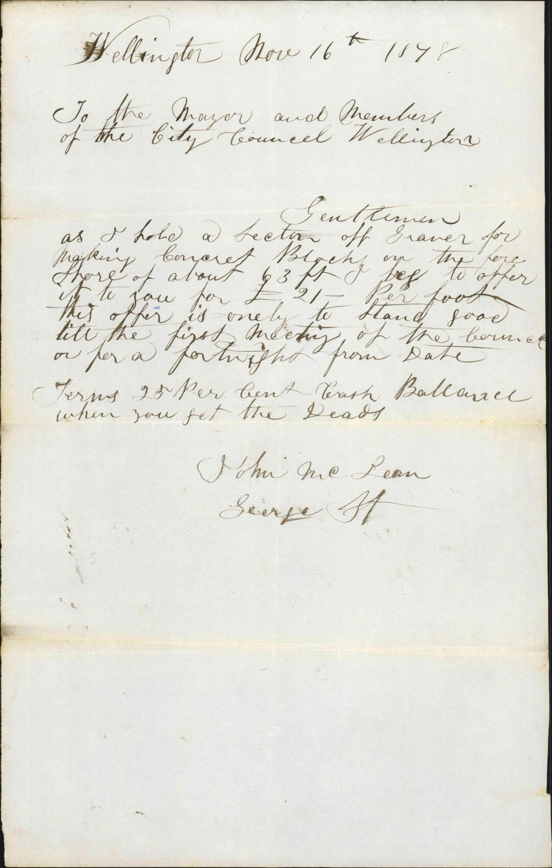John McLean, offer of section in Te Aro for March