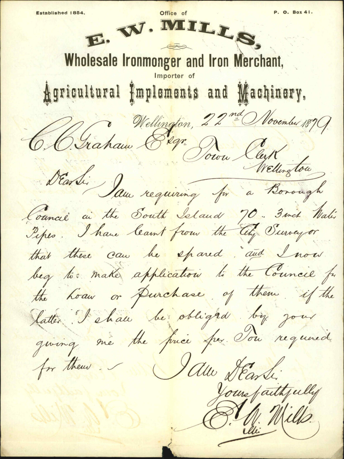 E W Mills, application for loan or purchase of 70 water pipes for Borough Council in South Island