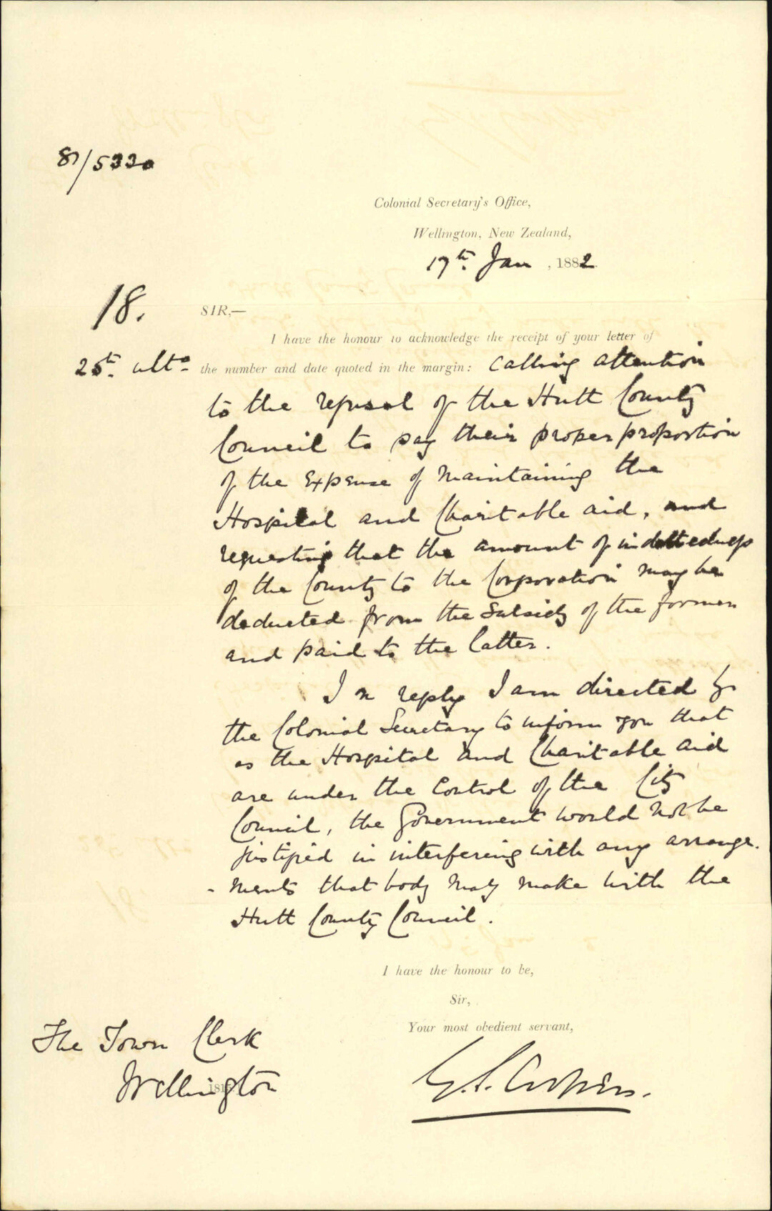 Colonial Secretary's Office, regarding payment of hospital subsidy by Hutt County Council