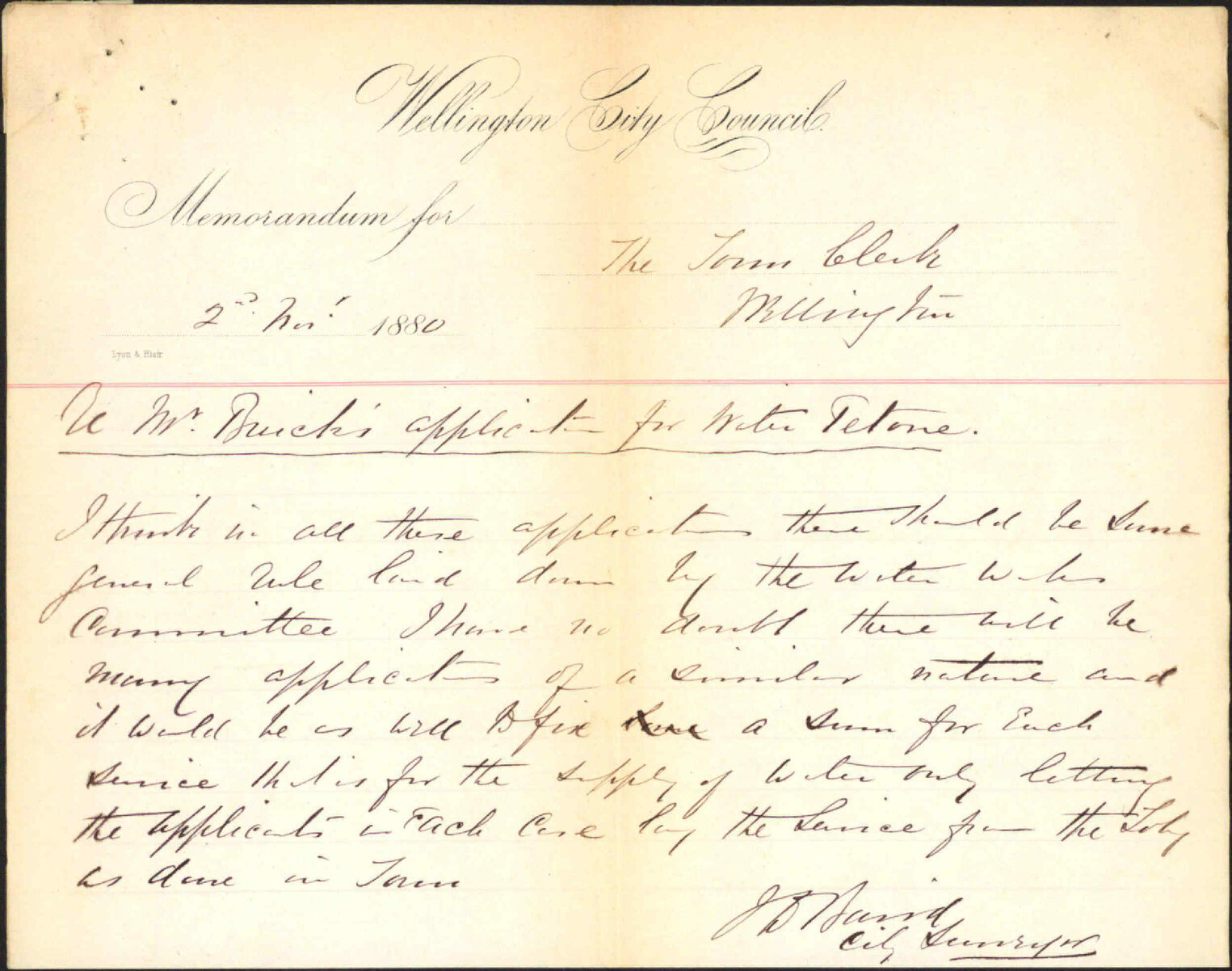 W B Buick, application for water-service in Petone