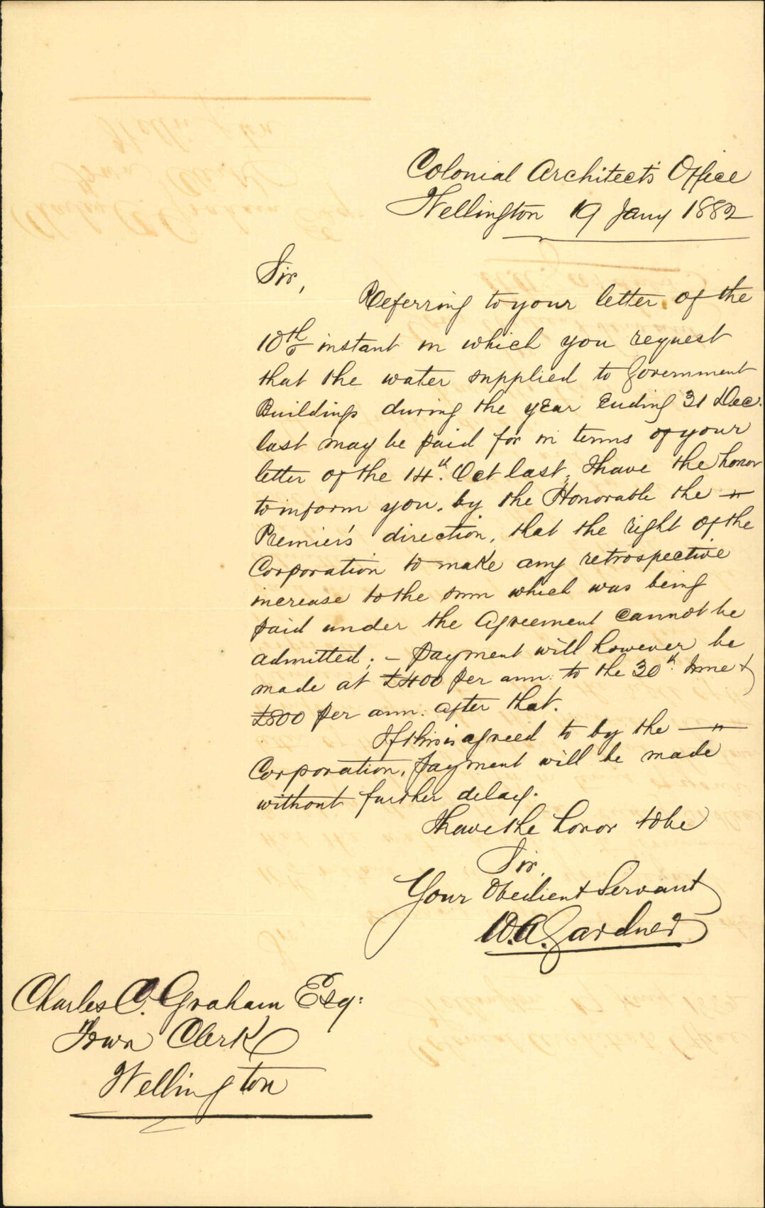 Colonial Secretary's office, regarding payment for water supply to Government
