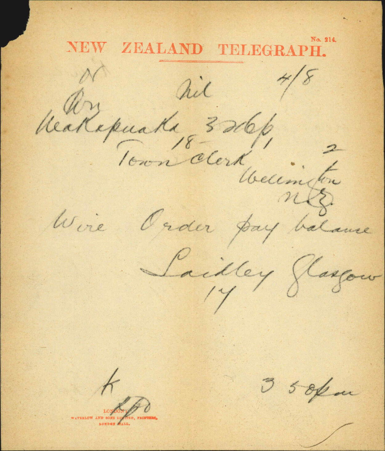 R Laidlaw and Son, telegram regarding payment of balance of contract