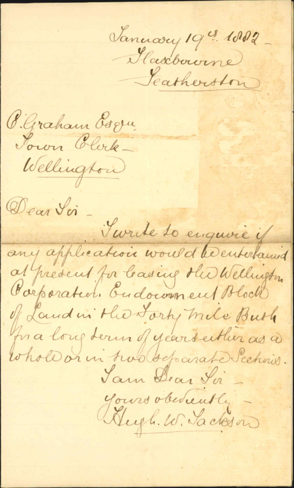 Hugh W Jackson, offer to lease Mangatino endowment block