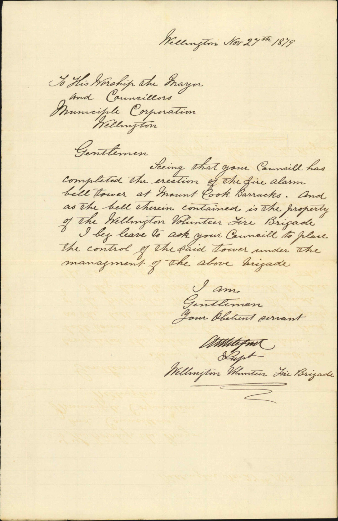 Wellington Volunteer Fire Brigade, request for control of the fire alarm bell tower at the Mount Cook Barracks