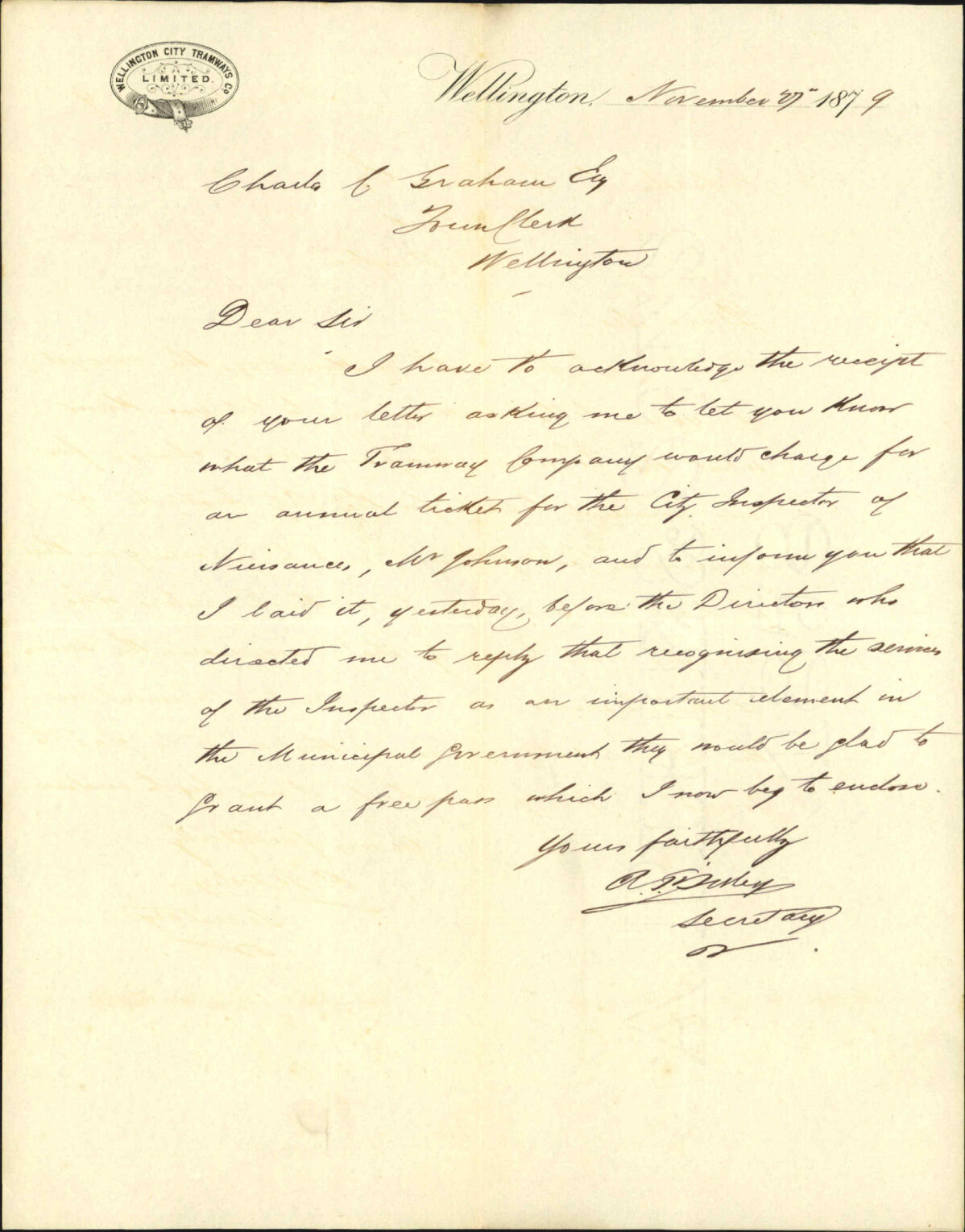 City Tramway Company, annual ticket for City Inspector of Nuisances