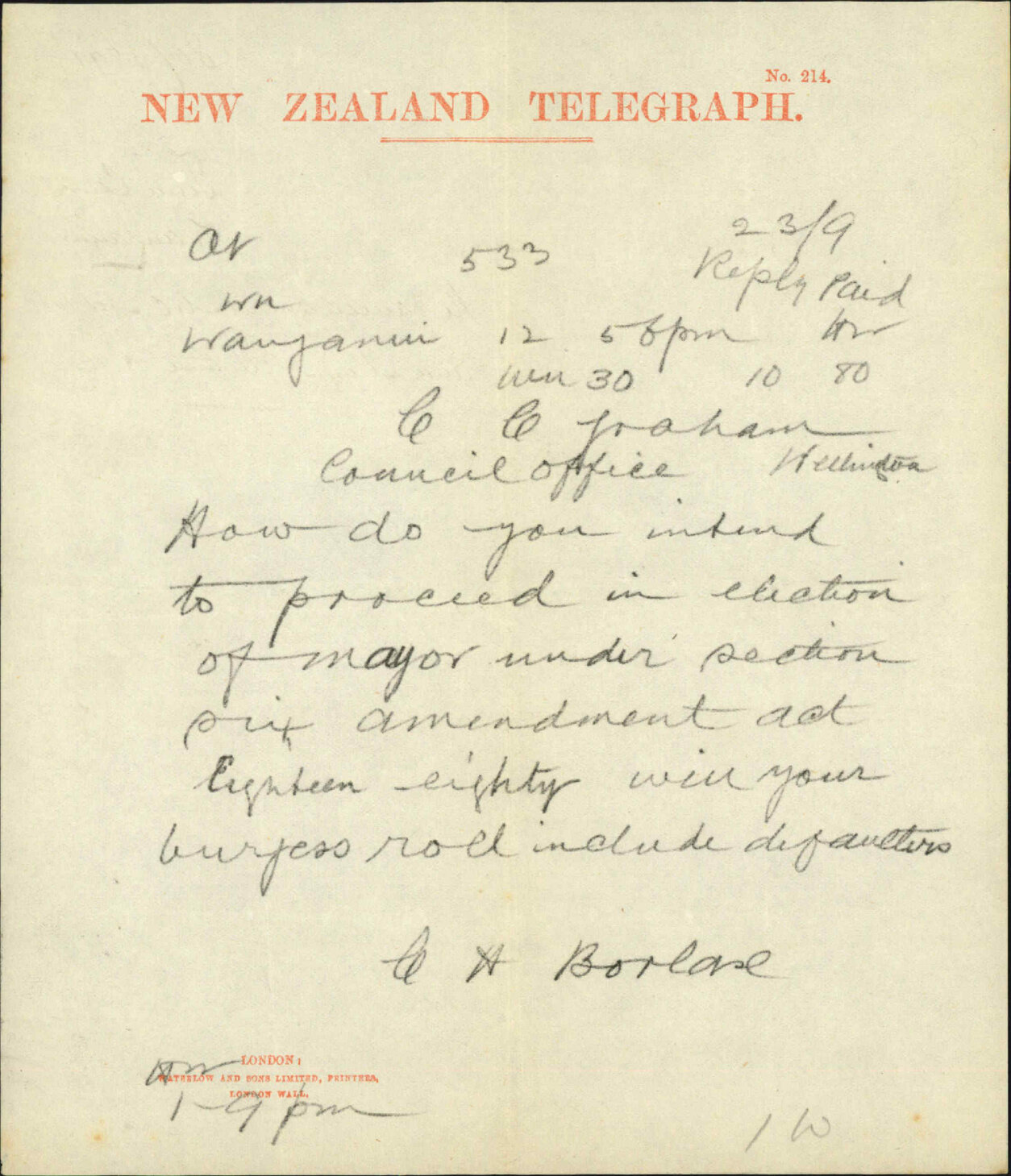 Town Clerk, Wanganui, regarding amendment to Municipal Corporations Act 1880 and Mayor's electoral roll