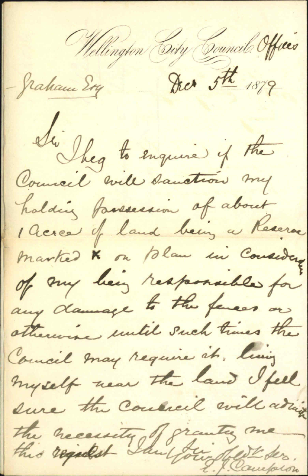 G J Campion, land for reserve
