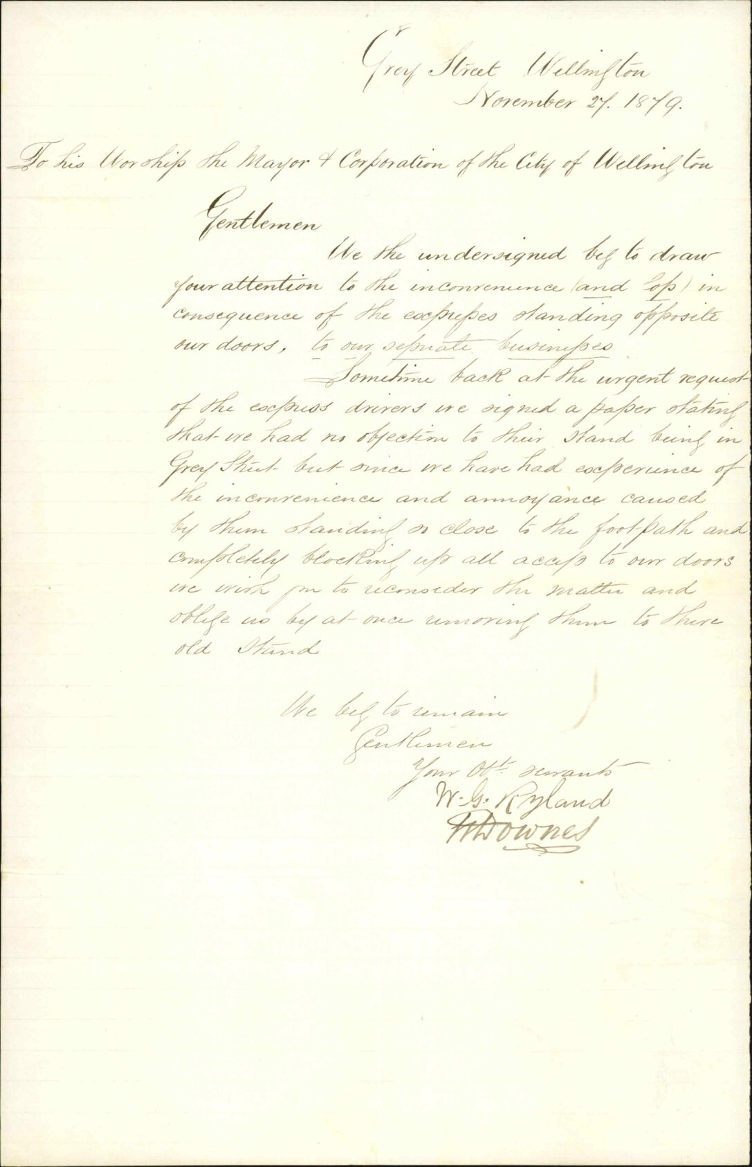 W G Ryland, complaint regarding express stand on Grey Street