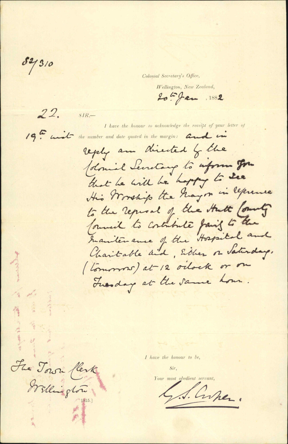 Colonial Secretary's Office, granting interview to the Mayor regarding Hutt County Council and hospital subsidies