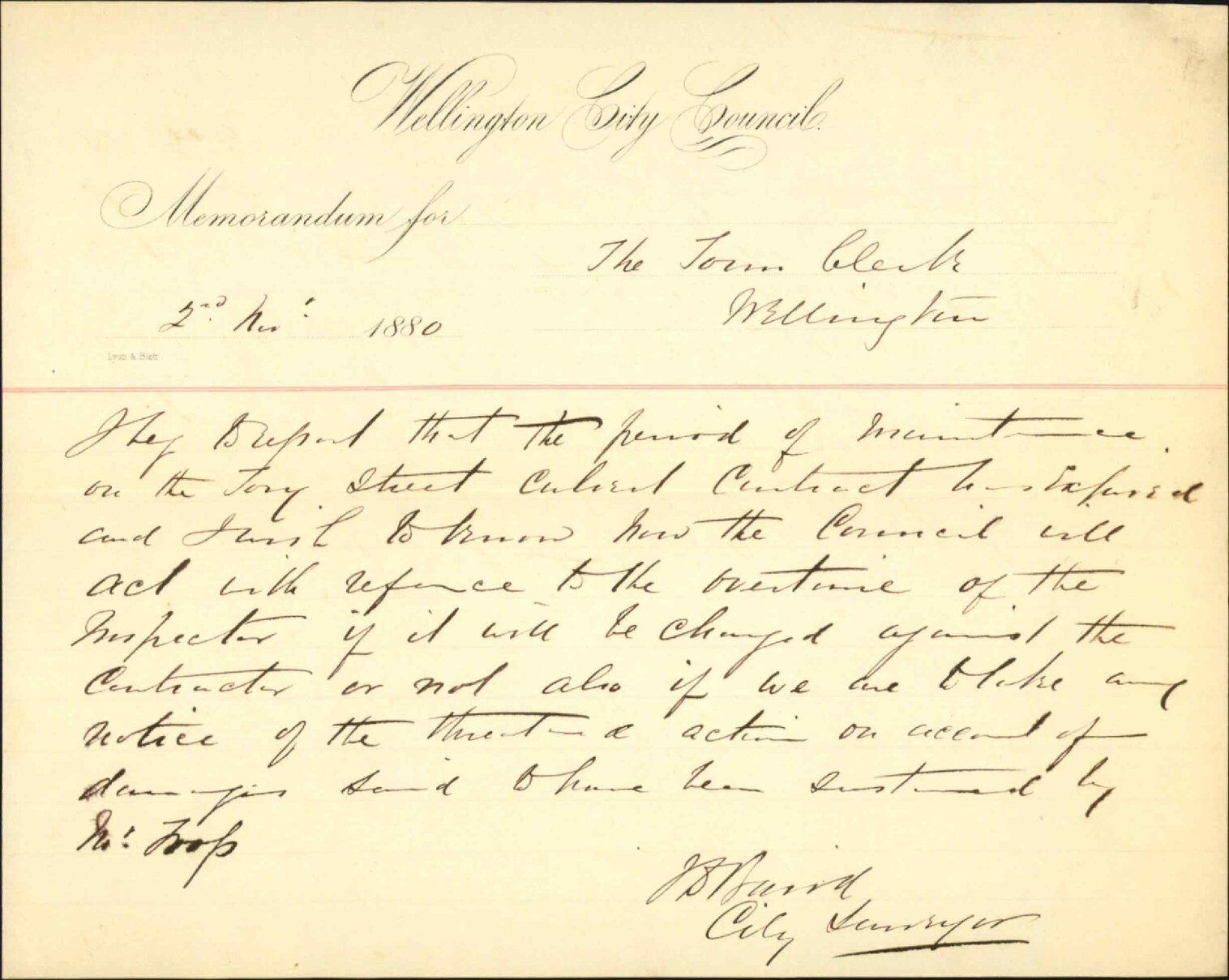 City Surveyor, regarding overtime, Tory Street drain contract and Inspector of Works and as to R Toop's claim