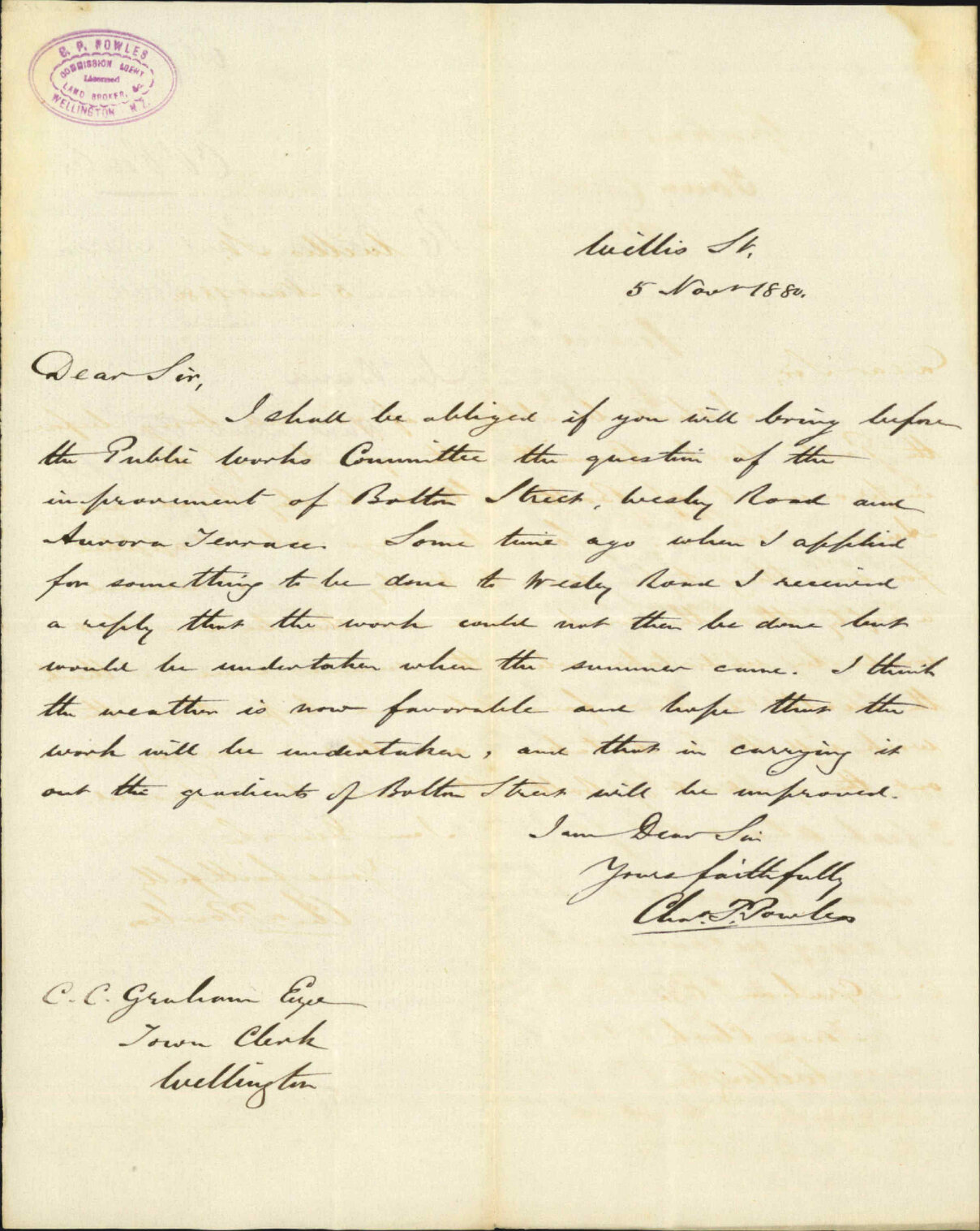 C P Powles, regarding Bolton Street, Aurora Terrace and Wesley Road