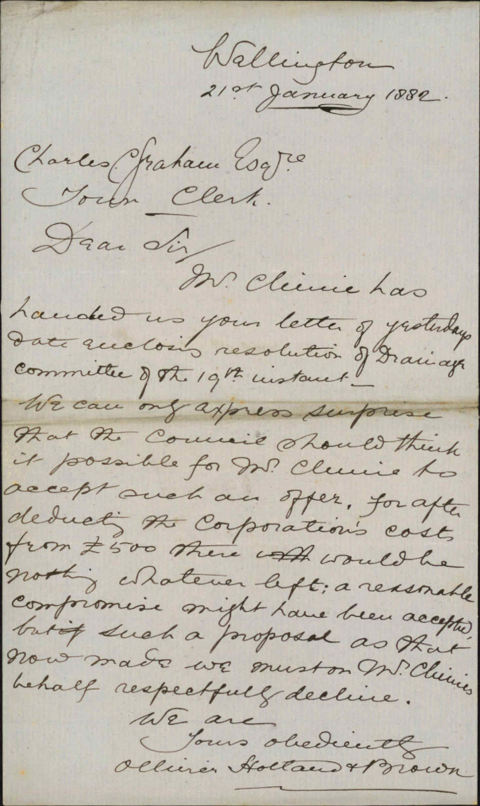 Olliver Holland and Brown, declining the Councils offer to compromise with Mr Climie