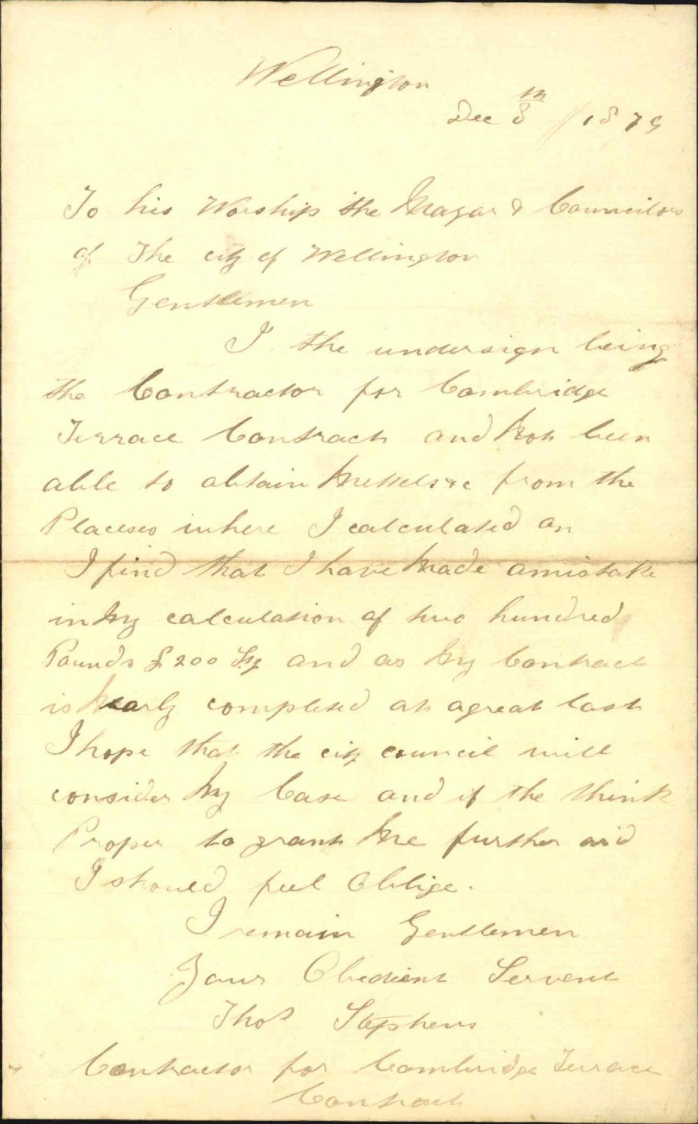 Thomas Stephens, Cambridge Terrace contact claim of loss