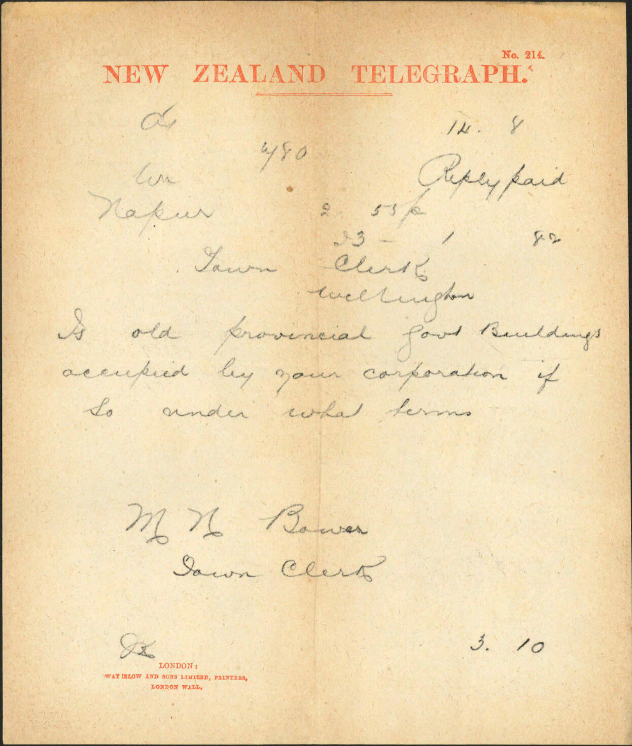 Town Clerk, Napier, regarding terms of occupancy of Provincial Government buildings