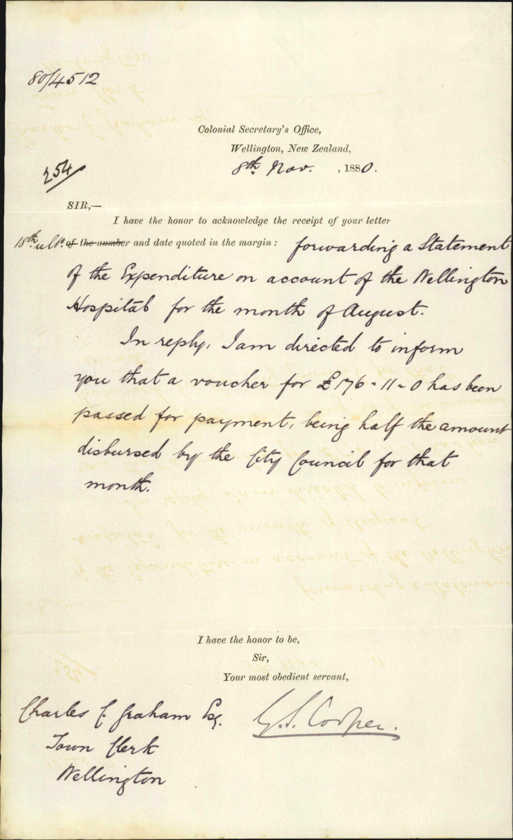 Colonial Secretary's Office, voucher for half payment of hospital expenditure