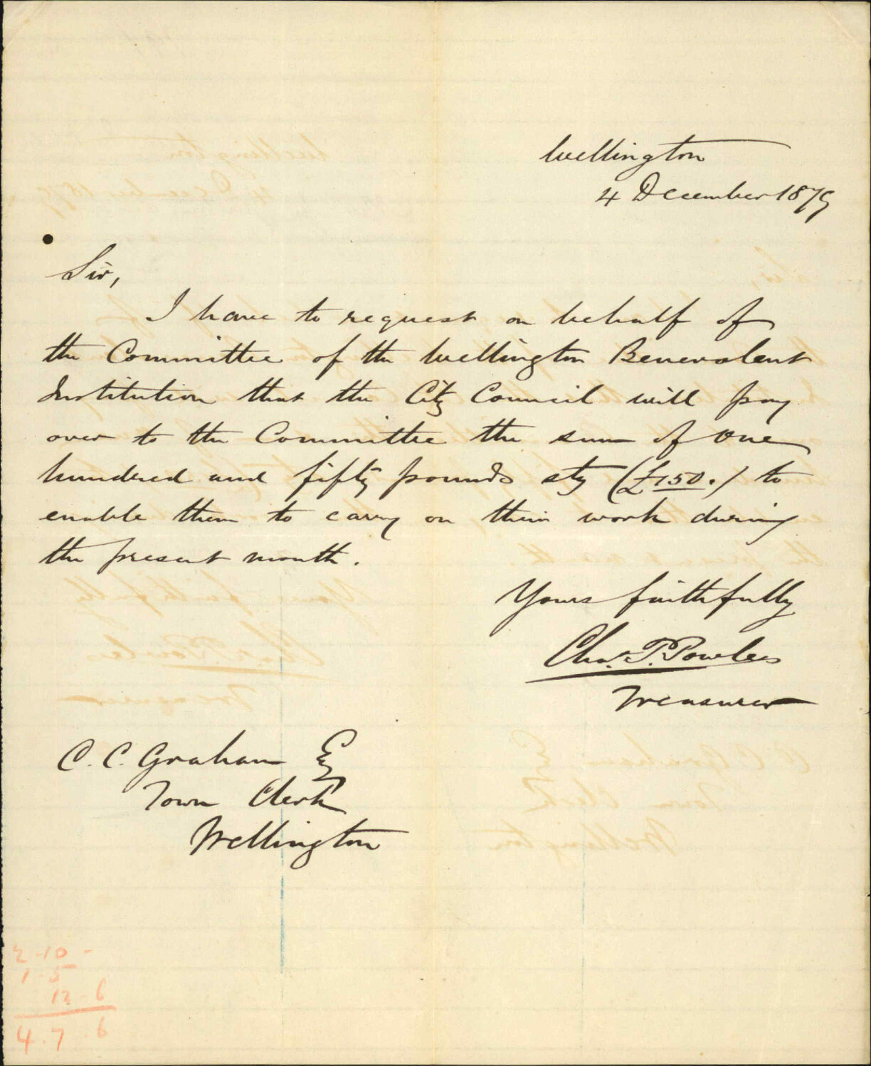 Wellington Benevolent Institution, request for &pound;150 to carry on work