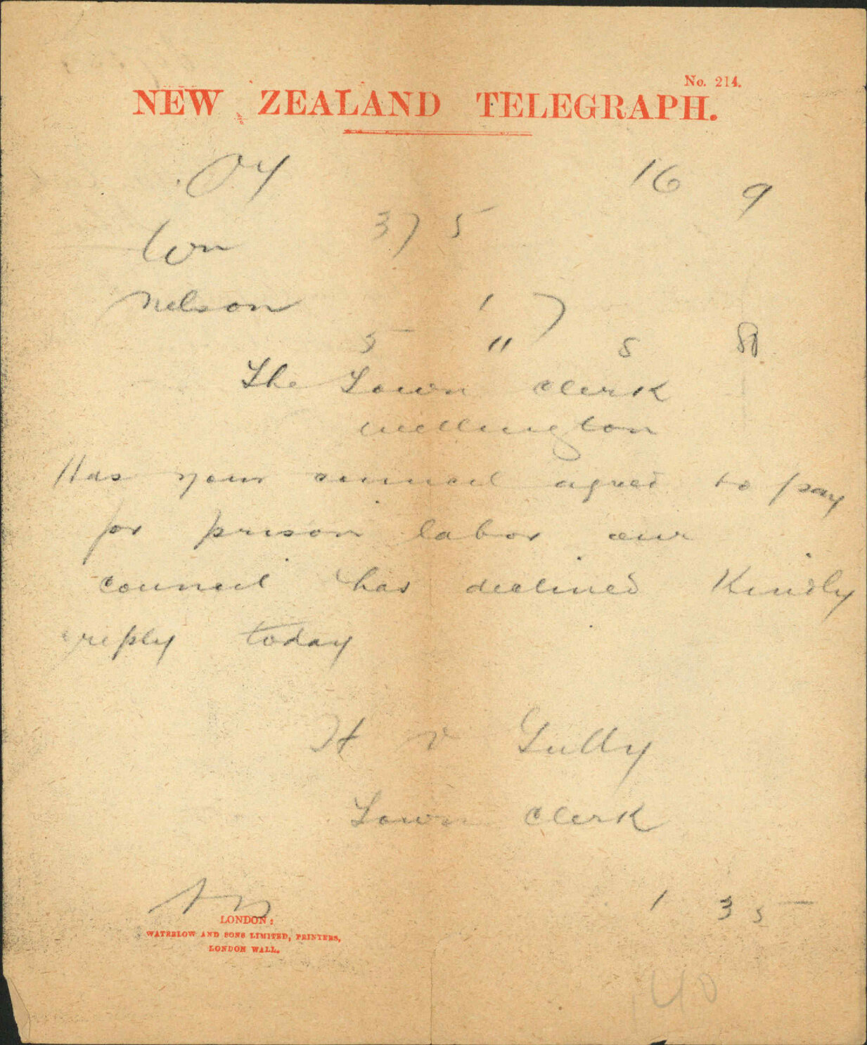 Town Clerk, Nelson, regarding employment of prison labour