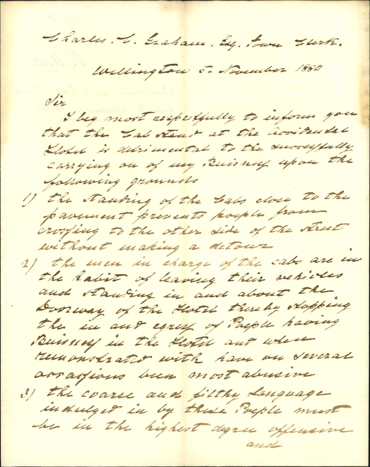 Philip Moeller, complaint as to cab stand opposite Occidental Hotel