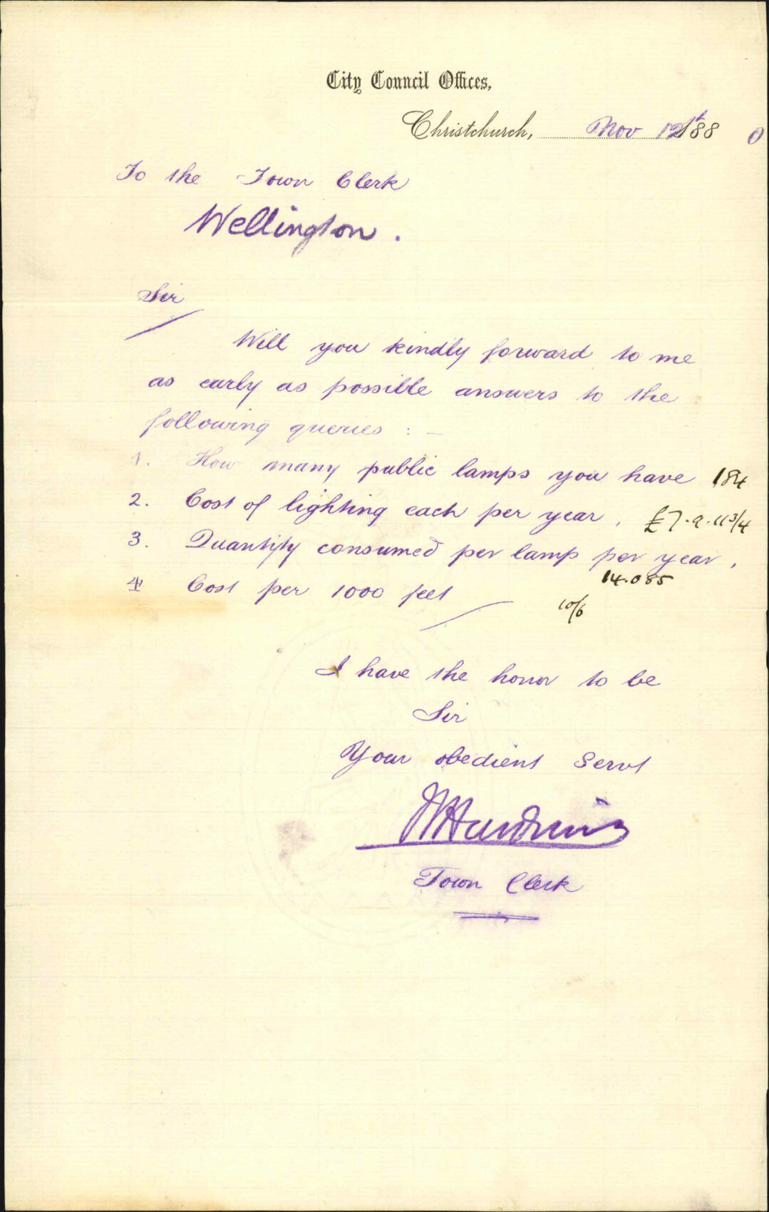 Town Clerk Christchurch, asking for particulars regarding street lighting