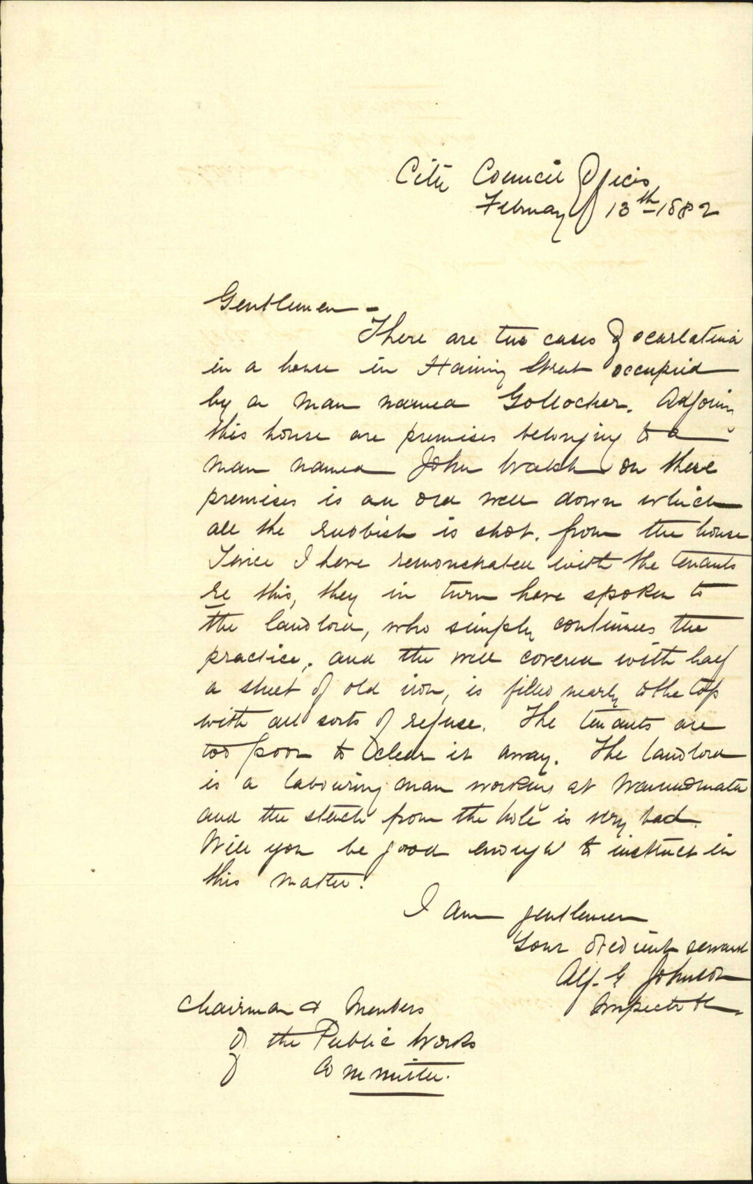 Inspector of Nuisances, regarding nuisance in Haining Street