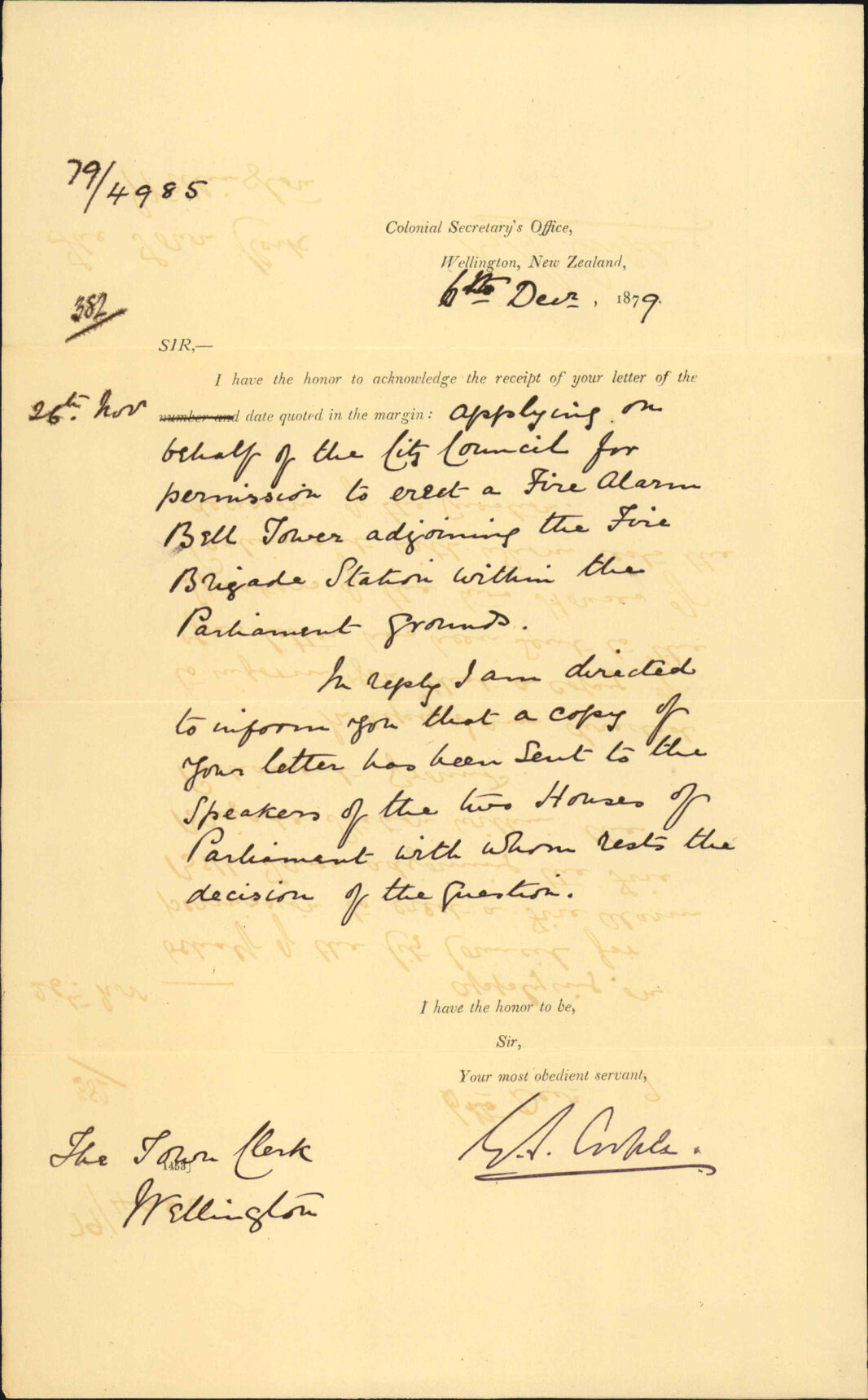 Colonial Secretary, acknowledgment of receipt to application to erect a fire alarm bell tower adjoining the fire brigade station