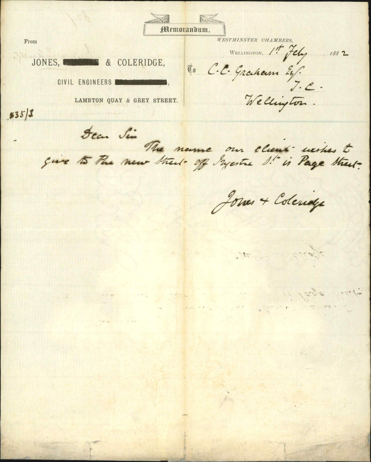 Jones and Coleridge, naming new street Page Street