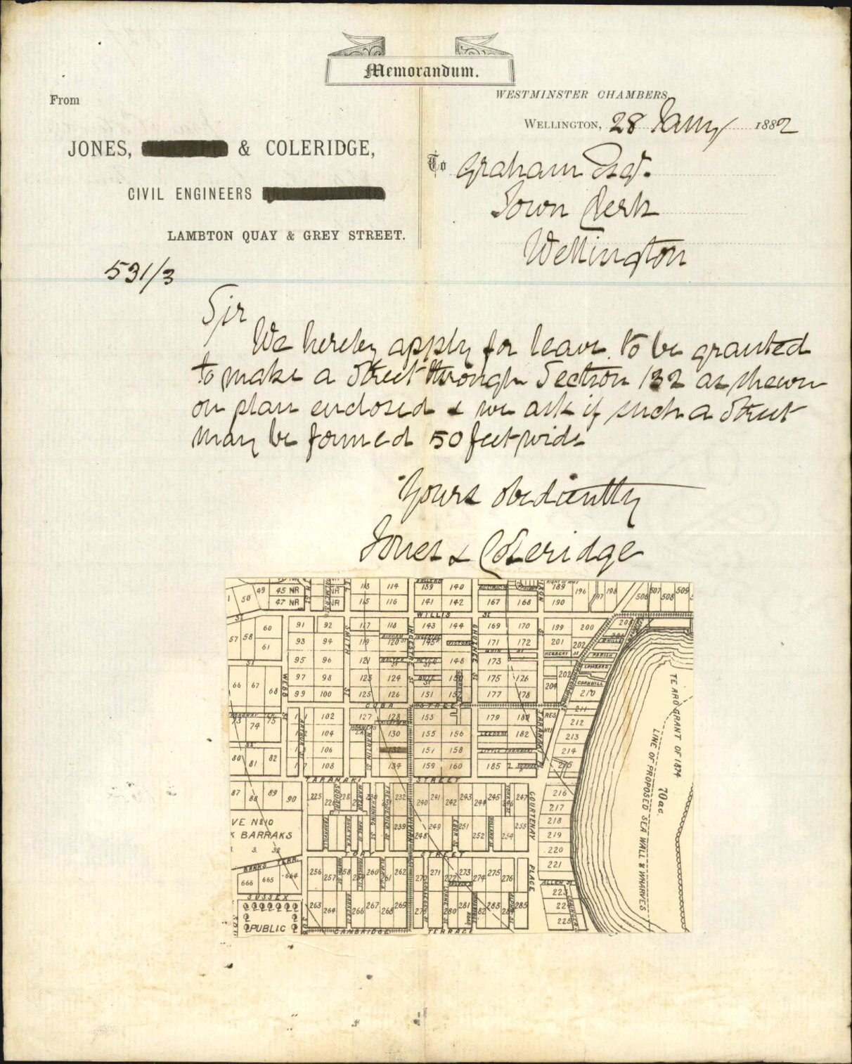 Jones and Coleridge, application for leave for new street