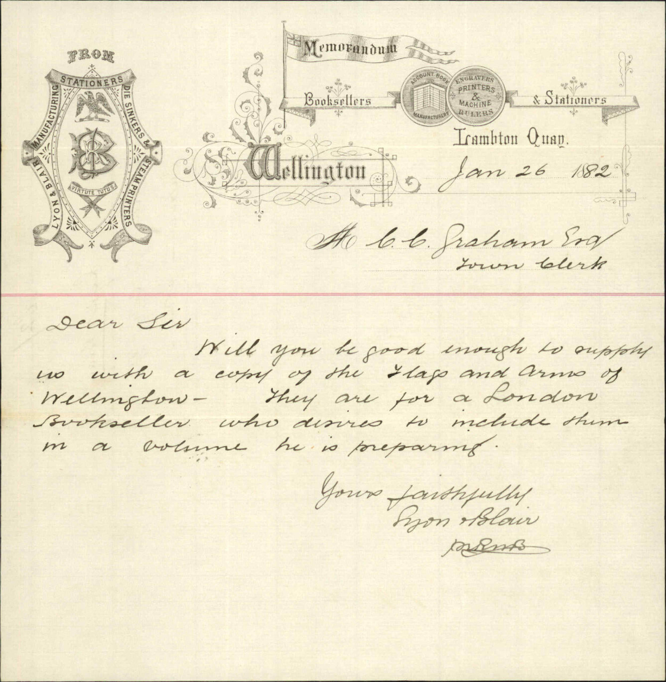 Lyon and Blair, asking for copy of Corporation Arms