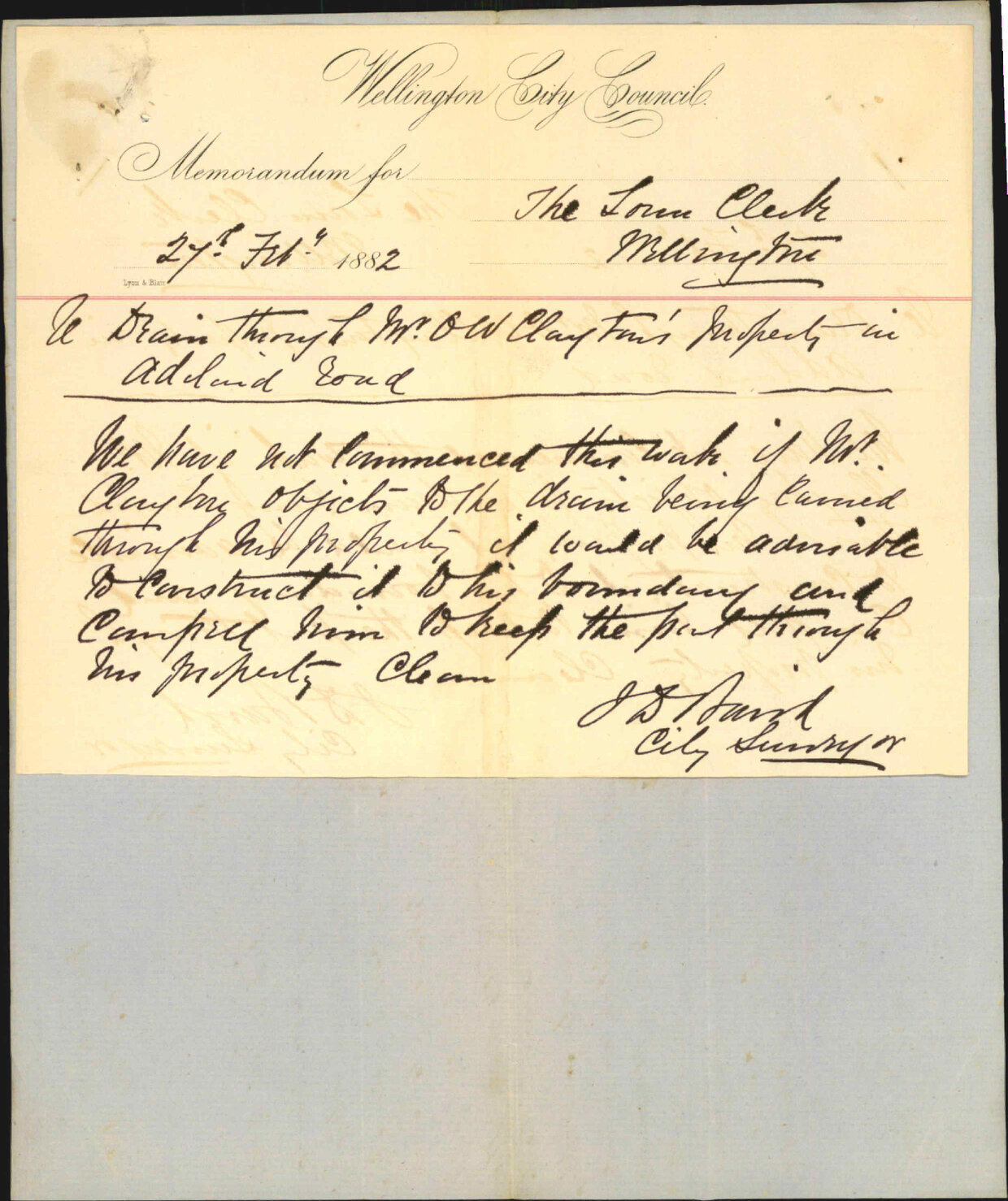 Ollivier Holland and Brown, regarding drain through O W Clayton property in Adelaide Road