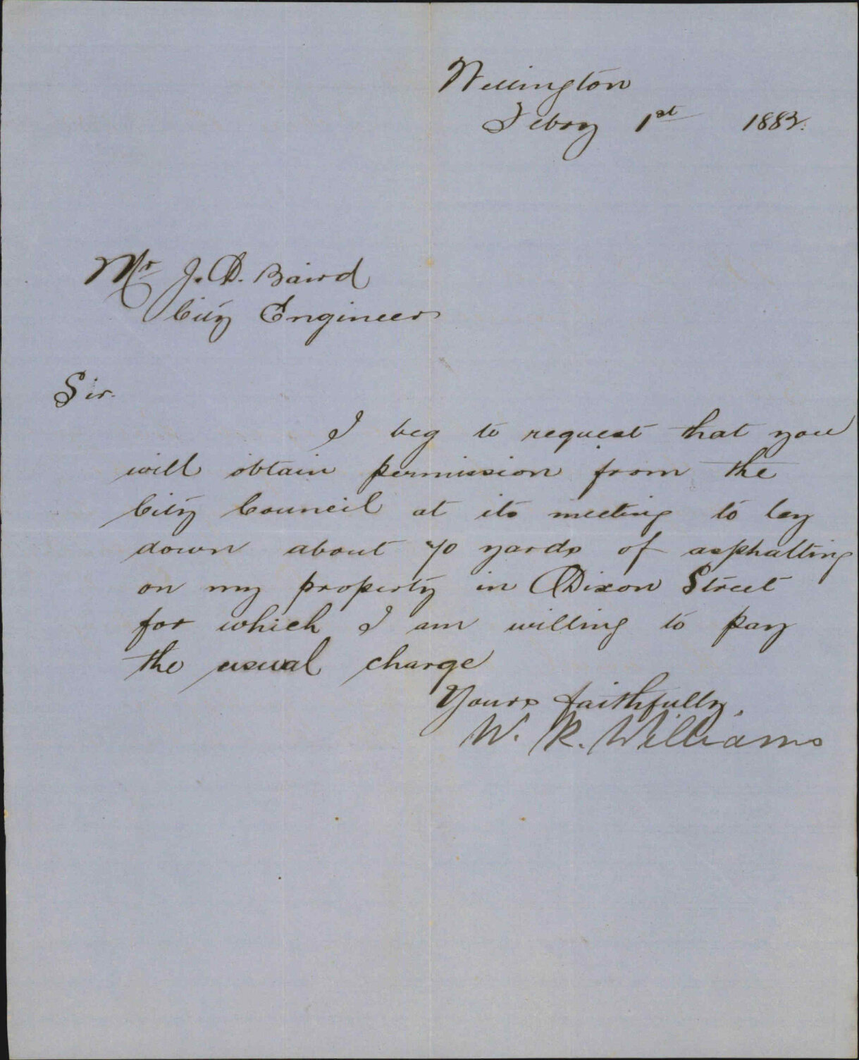W R Willams, regarding application for asphalt slabbing, Dixon Street