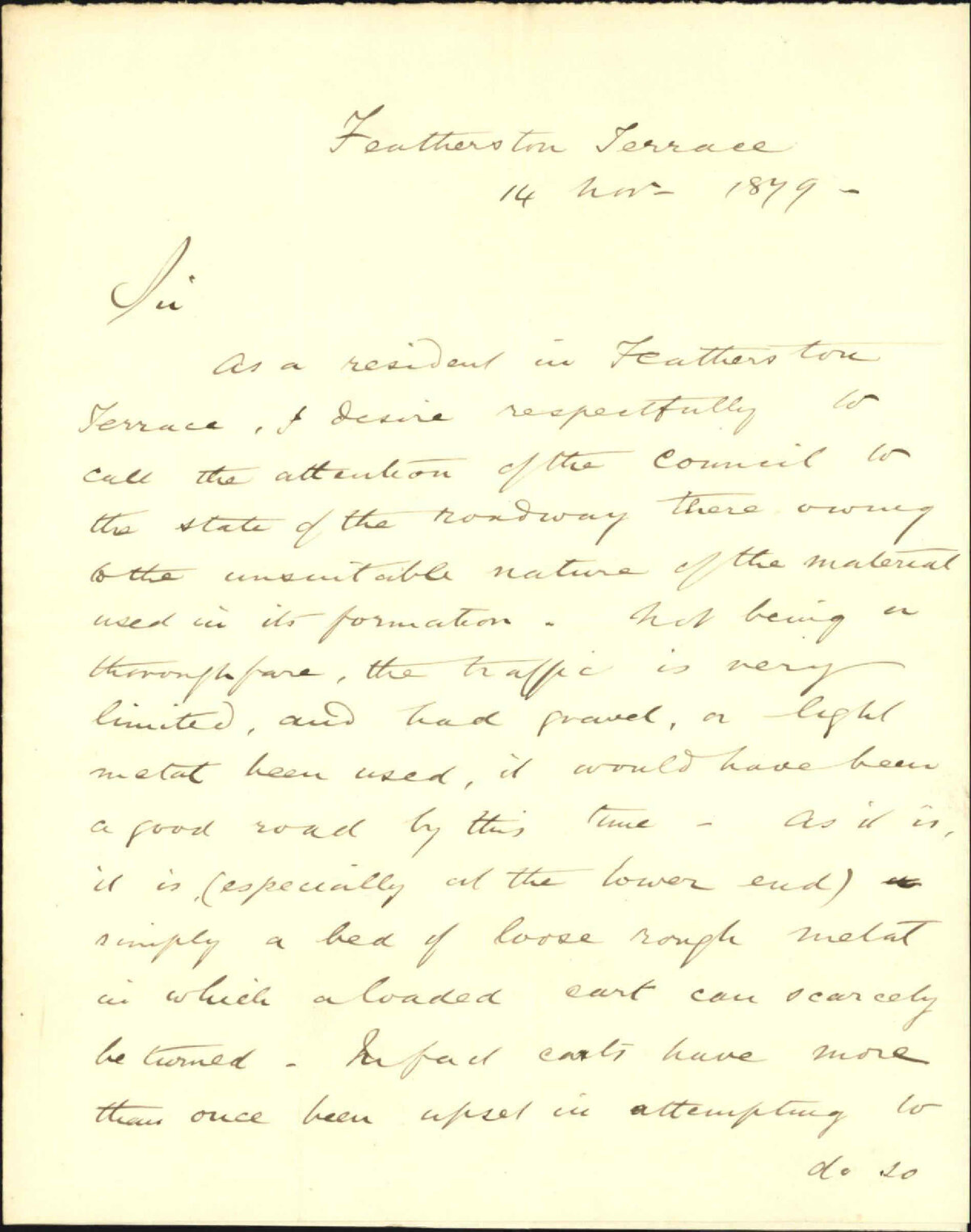 B Davy, complaint as to state of Featherston Terrace (roading)