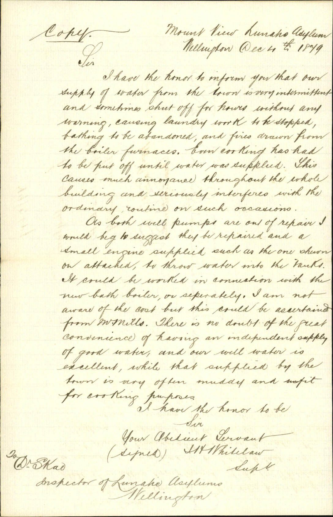 Lunatic Asylum, complaint as to water supply