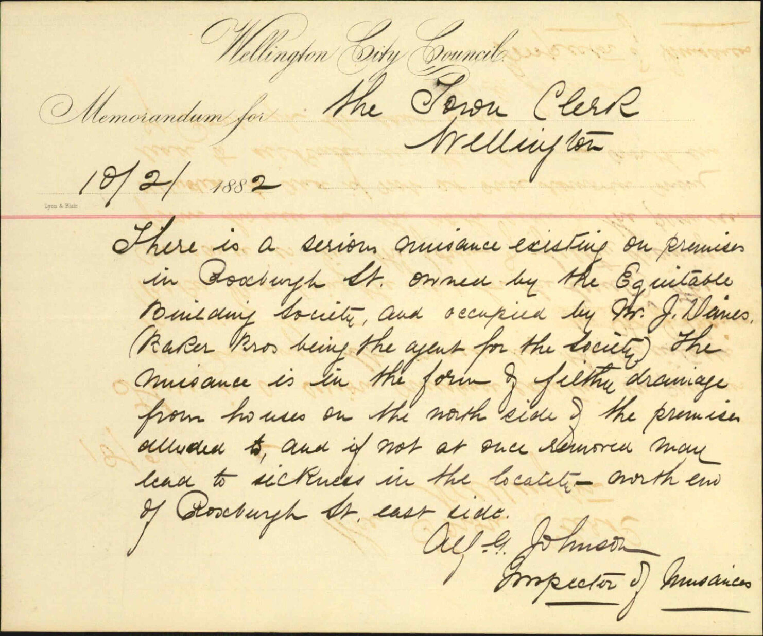 Inspector of Nuisances, regarding nuisance in Roxburgh Street