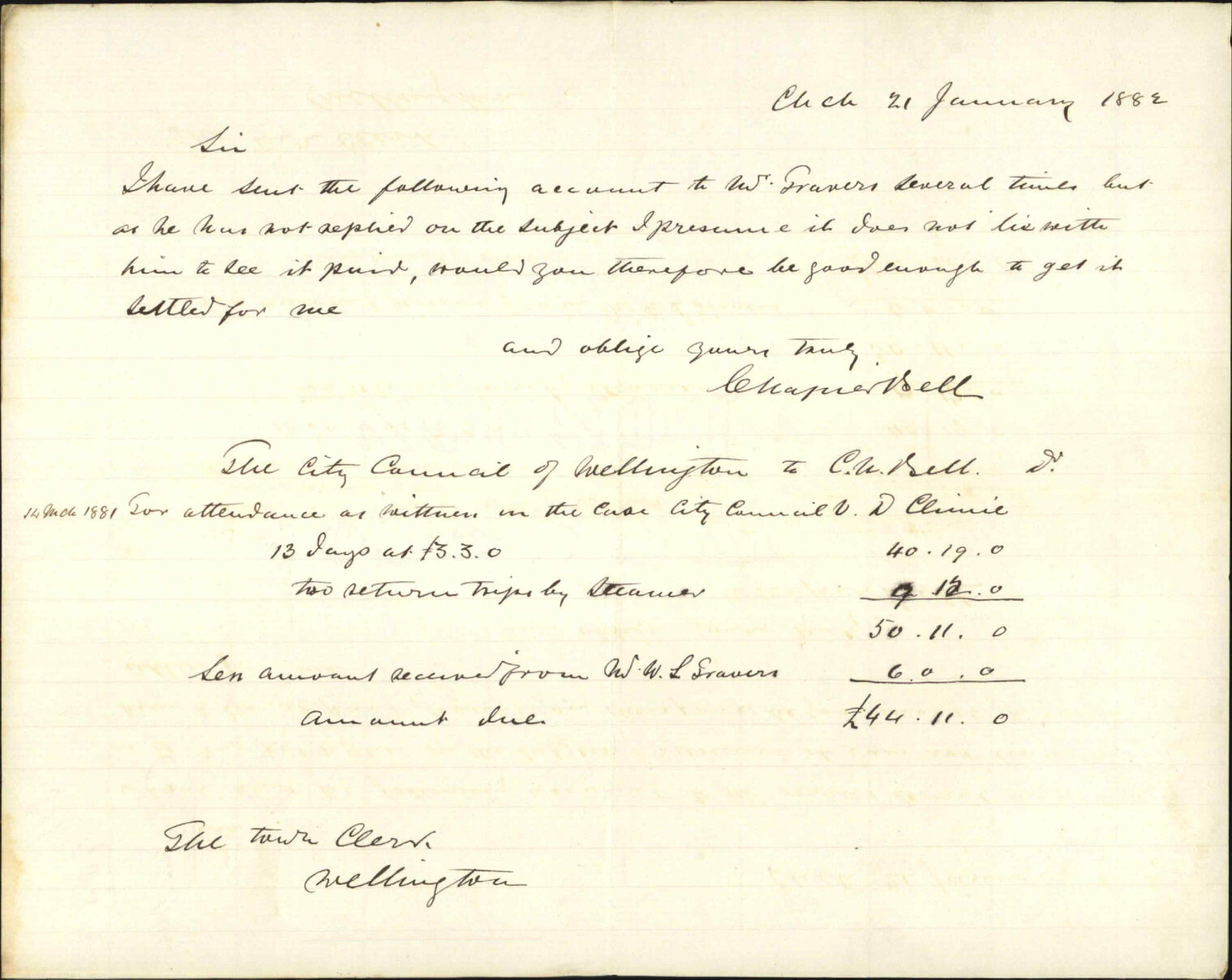 C Napier Bell, regarding payment of his account regarding Climie v Corporation