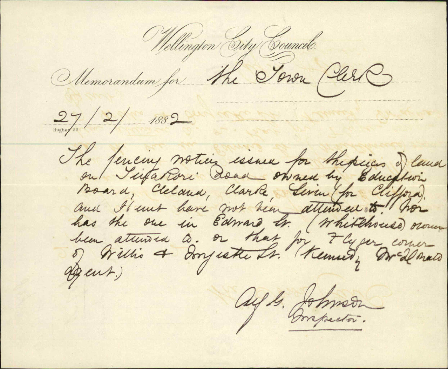 Inspector of Nuisances, regarding fencing in Tinakori Road and Hobson Street