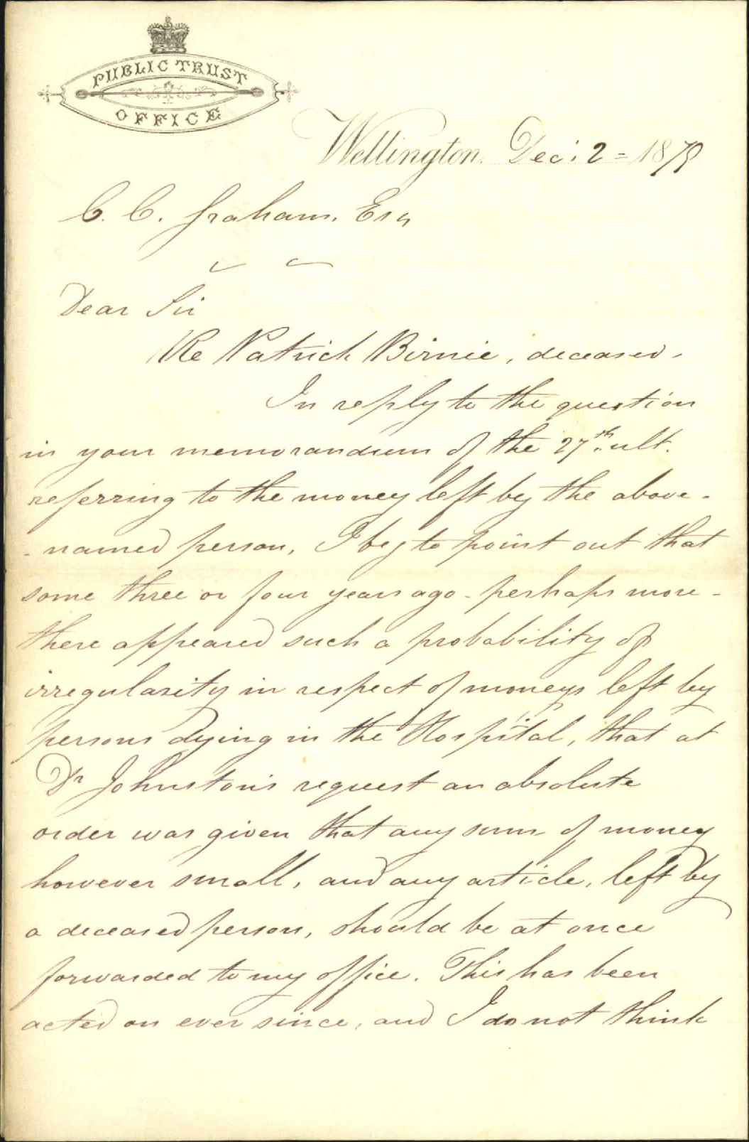 Public Trust Office, Patrick Birnie, deceased and hospital patients