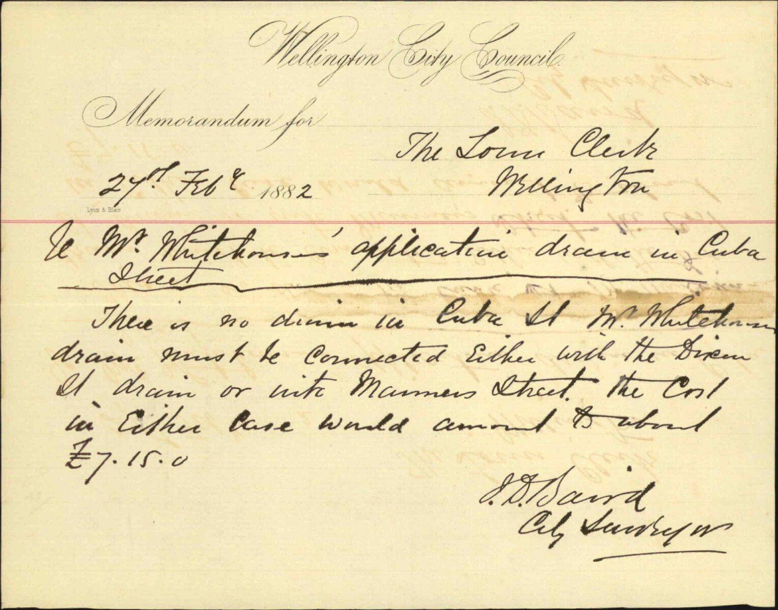 City Surveyor, regarding T Whitehouses' application for drain at lower end of Cuba Street