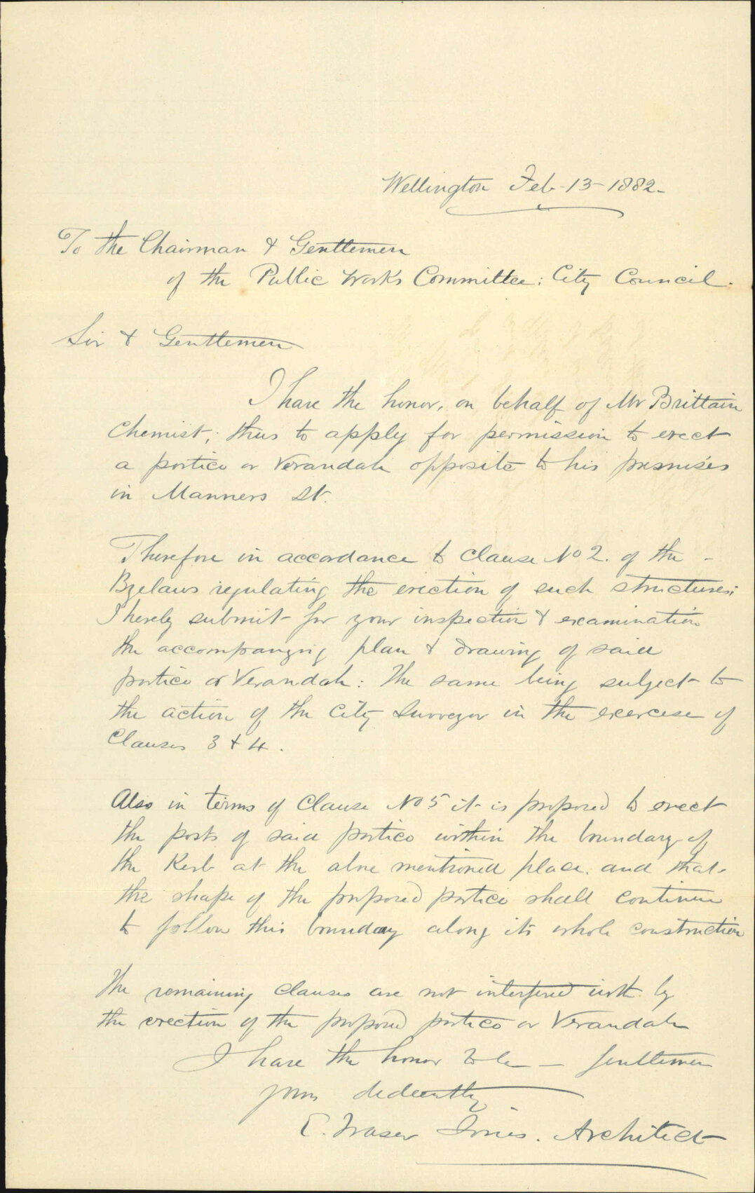 E Fraser Jones, application for lease to erect veranda Manners Street