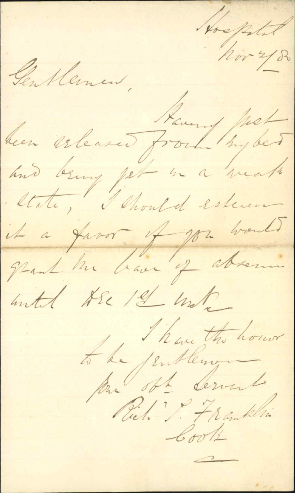 R J Franklin, Cook at hospital, application for leave of absence till 1/12/80