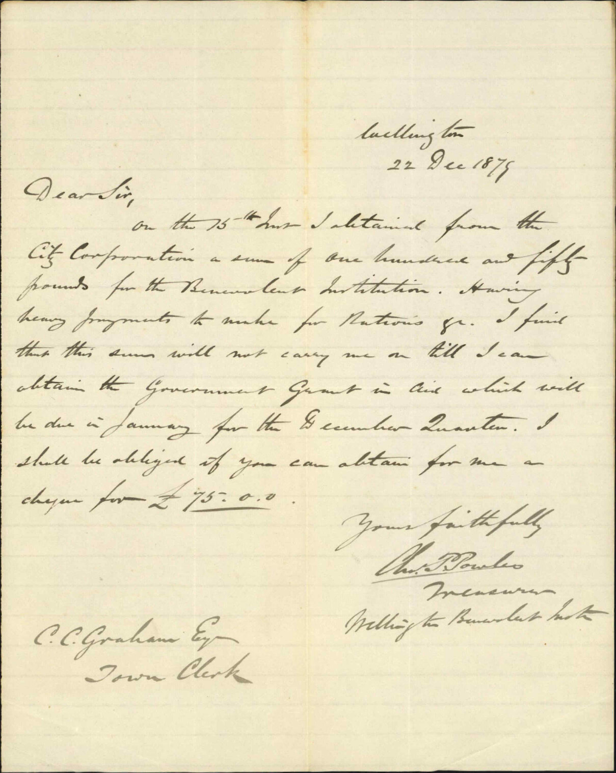 Benevolent Institute, application for further grant and aid