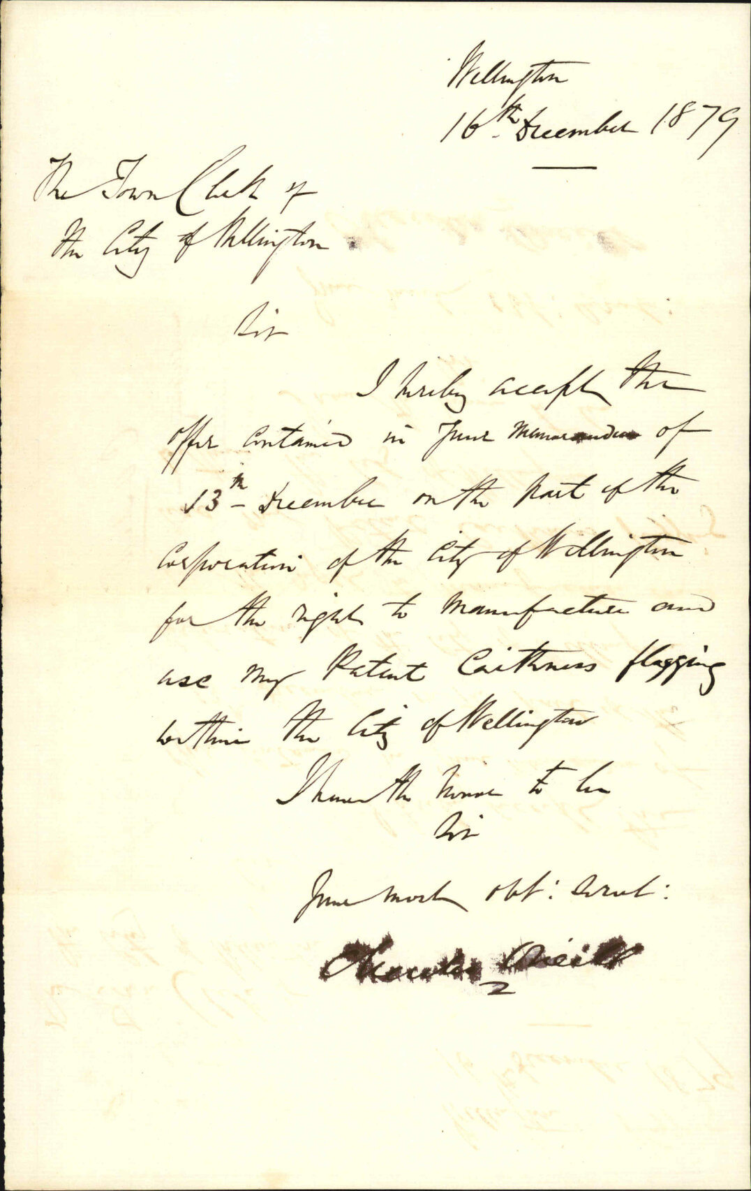 C O'Neill, accepting terms for patent [Caittenen] flagging