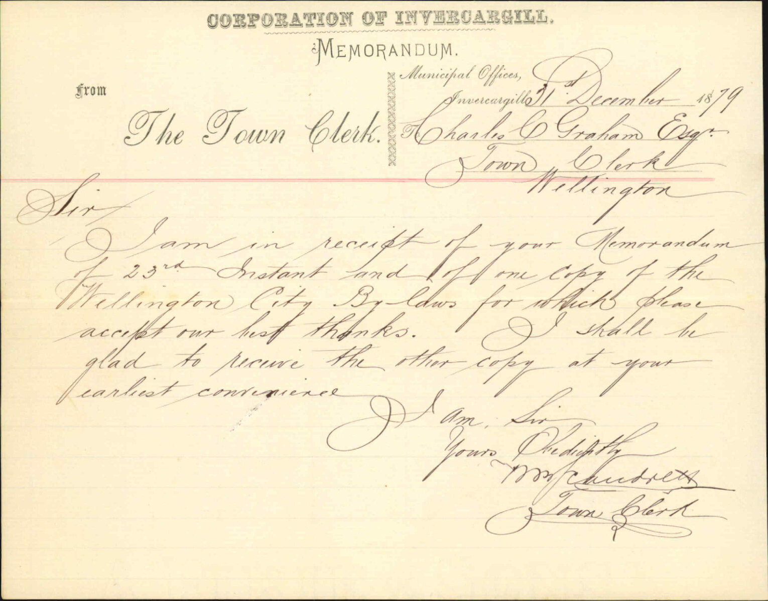 Town Clerk, Invercargill, asking for copy of bylaws