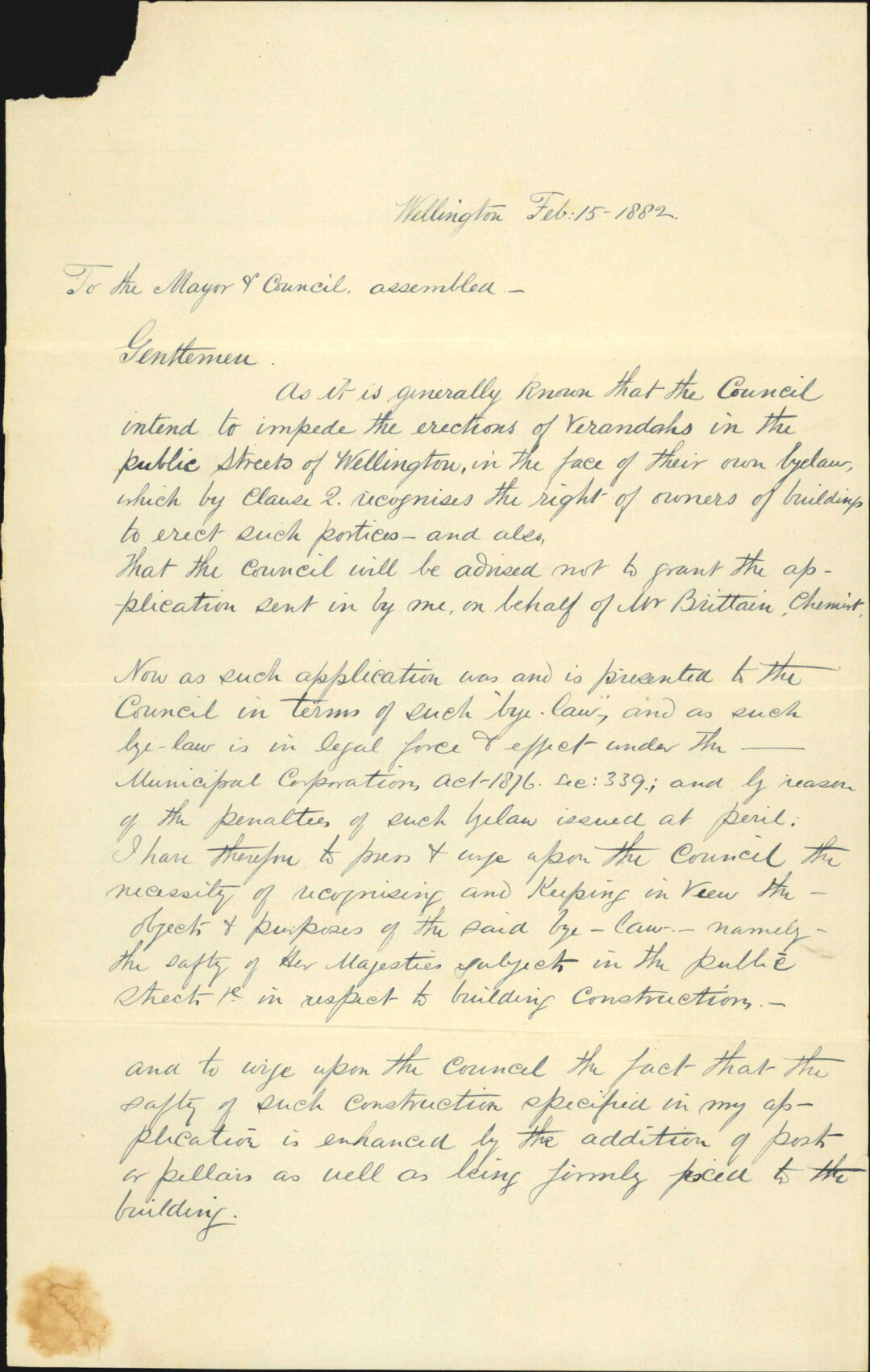 E Fraser Jones, regarding application for veranda in Manners street in account of Mr Brittain
