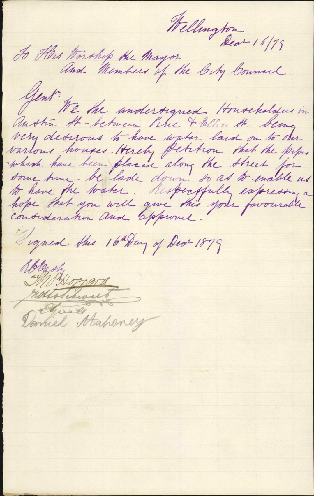 T Stoppard and others, petition for water in Austin Street between Pirie and Ellice Street