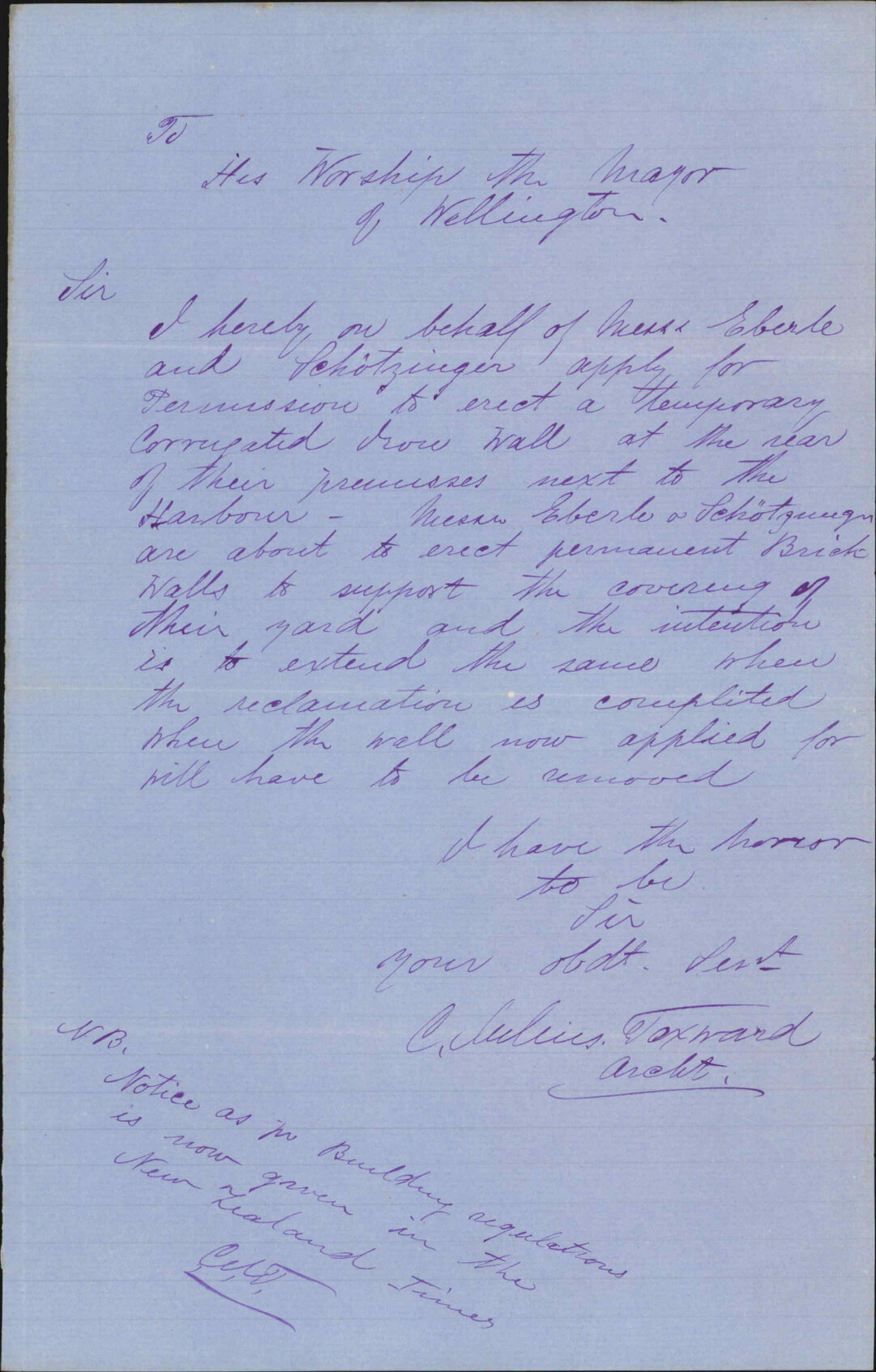 C Julius Toxward, application regarding building regulations