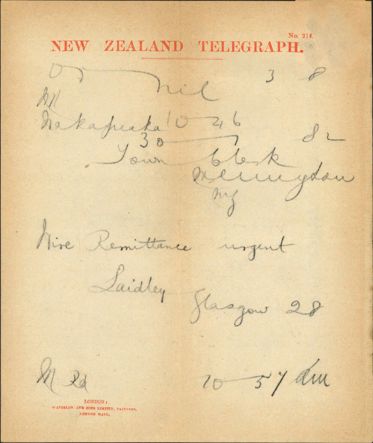 R Laidlaw and Son, telegram regarding remittance