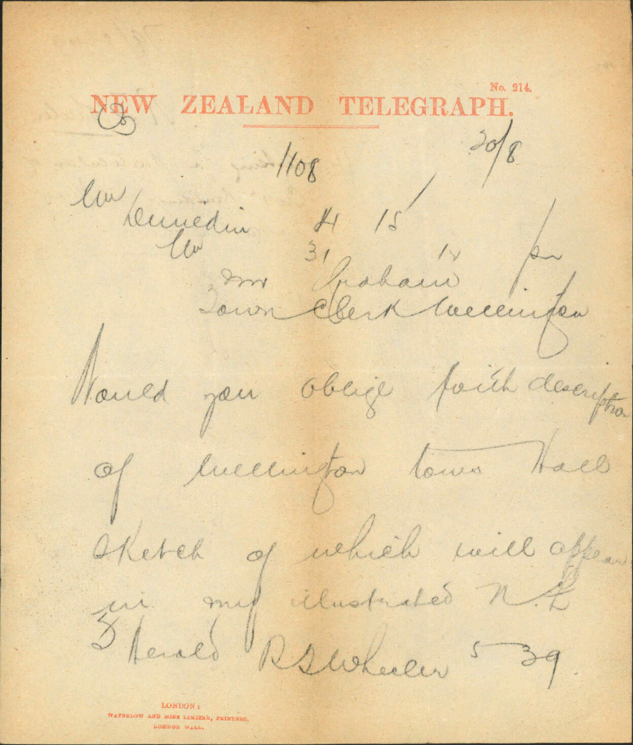 R J Wheeler, asking for particulars of Corporation Buildings for illustrated New Zealand