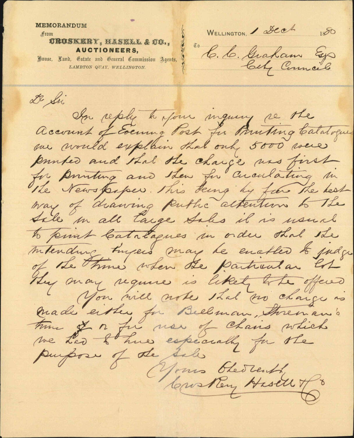 Croskery Hasell and Company, regarding their advertising account sale of Town Reserves