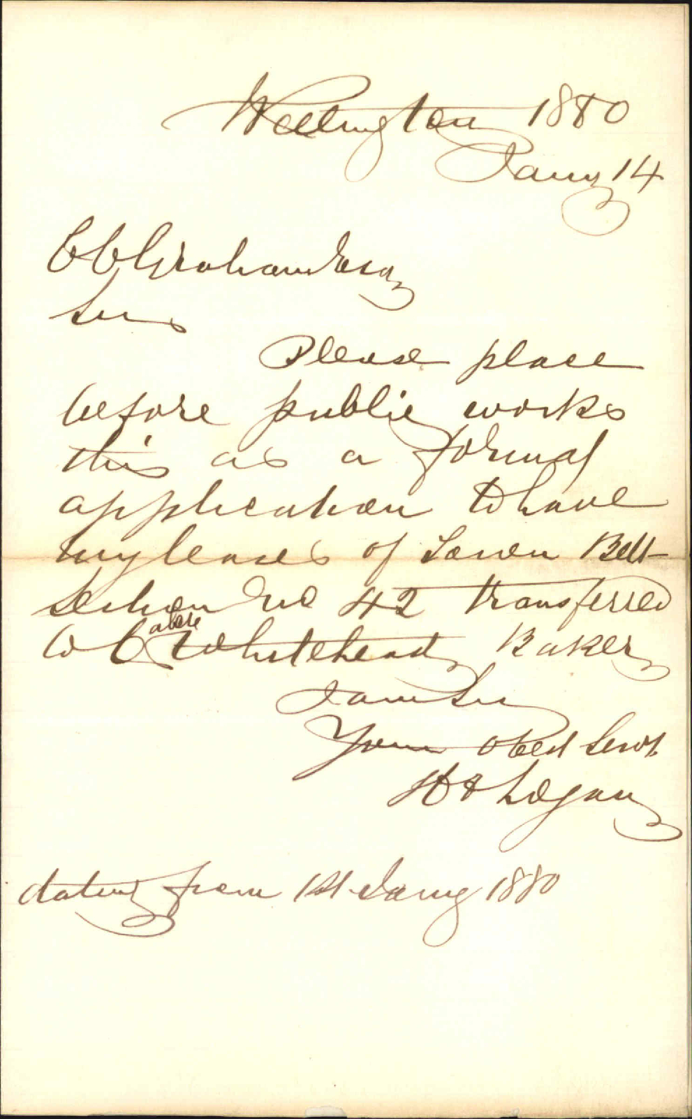H Logan, application for transfer of lease to Caleb Whitehead. Town Belt Reserve no. 42