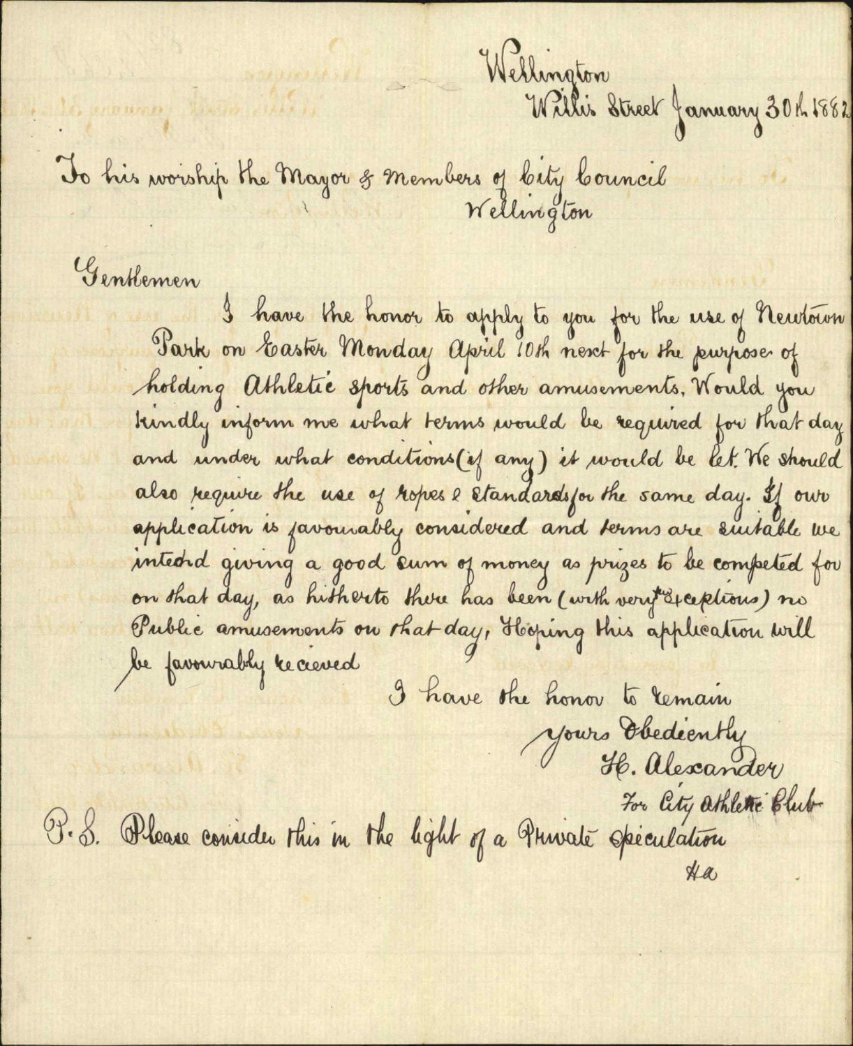 H Alexander, application for Newtown Park in Easter Sunday